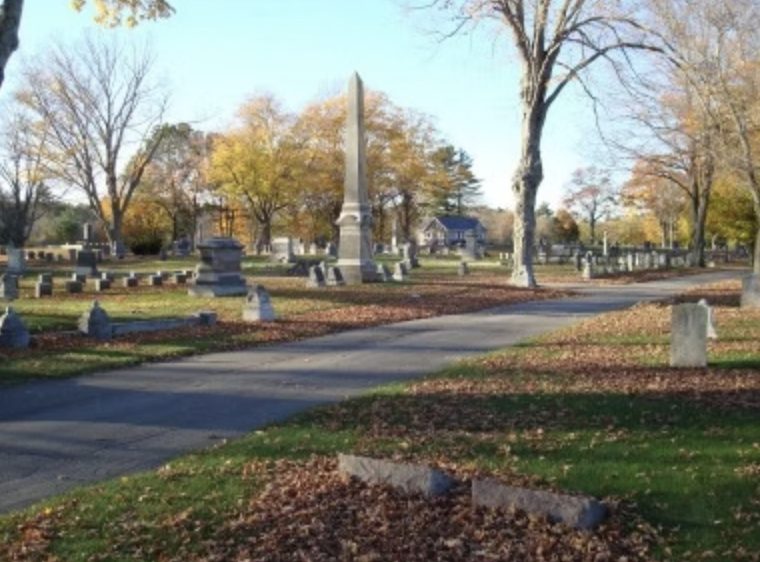 Pine Hill Cemetery grounds with monuments and pathways